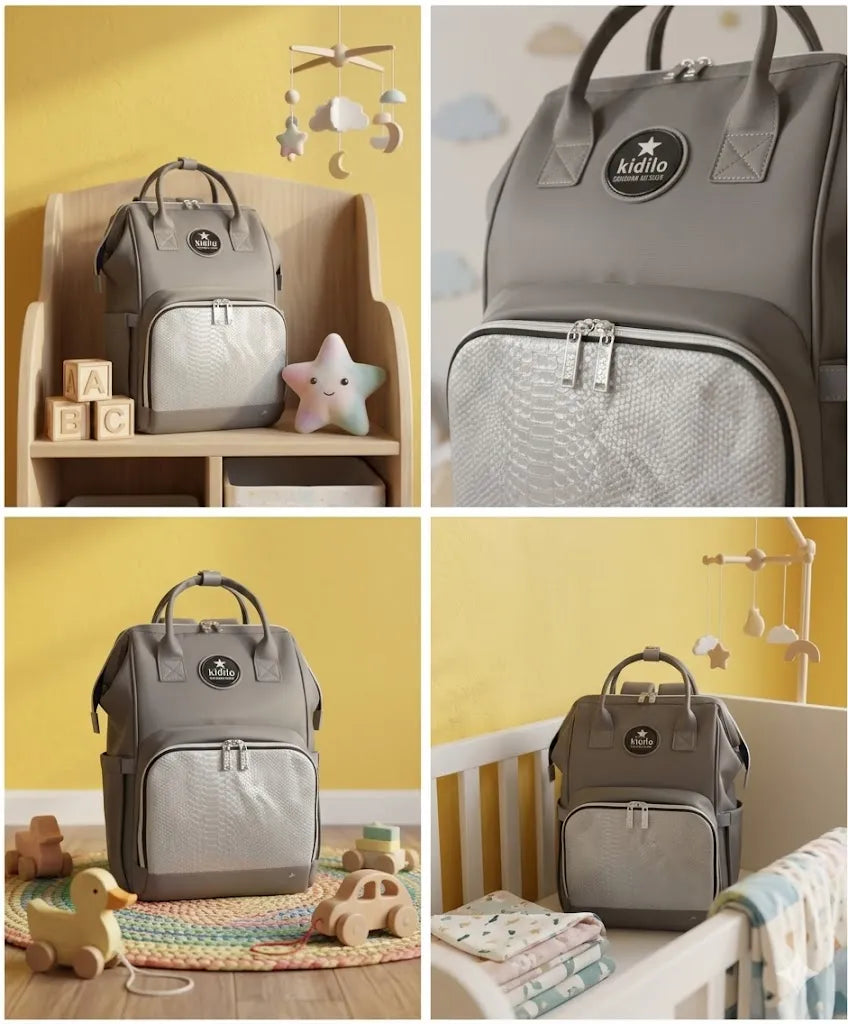 Kidilo X001: Grey diaper backpack collage showing front pocket, top handles and nursery styling.