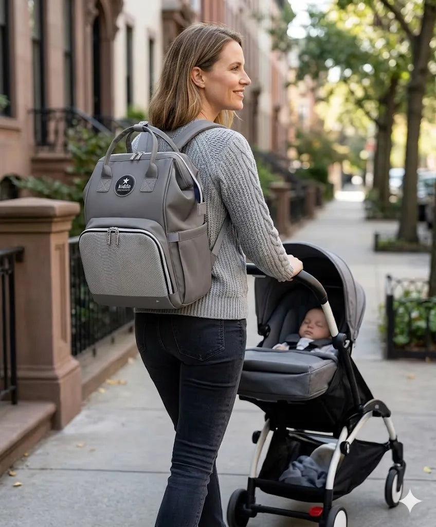 Kidilo X001: Woman wearing a grey diaper backpack while pushing a stroller outdoors.