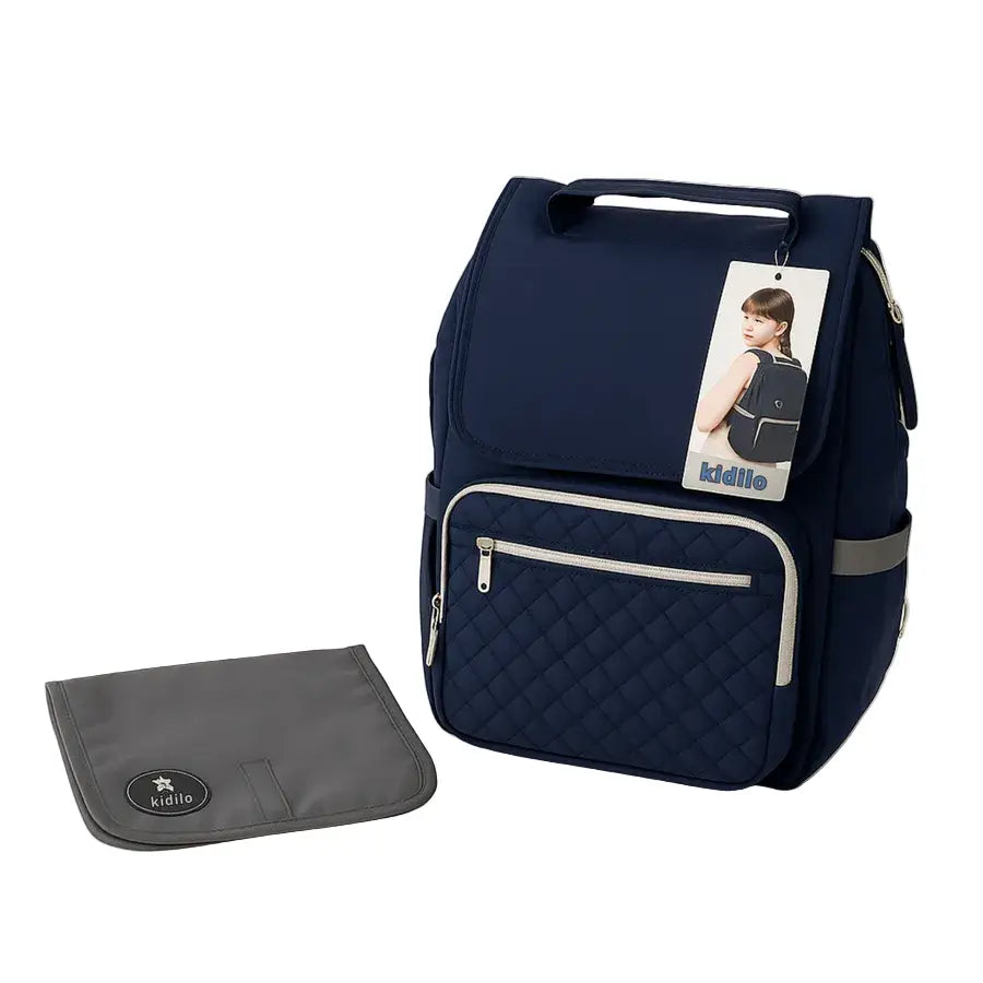 Kidilo X003: blue front view with quilted pocket and folded grey changing mat.