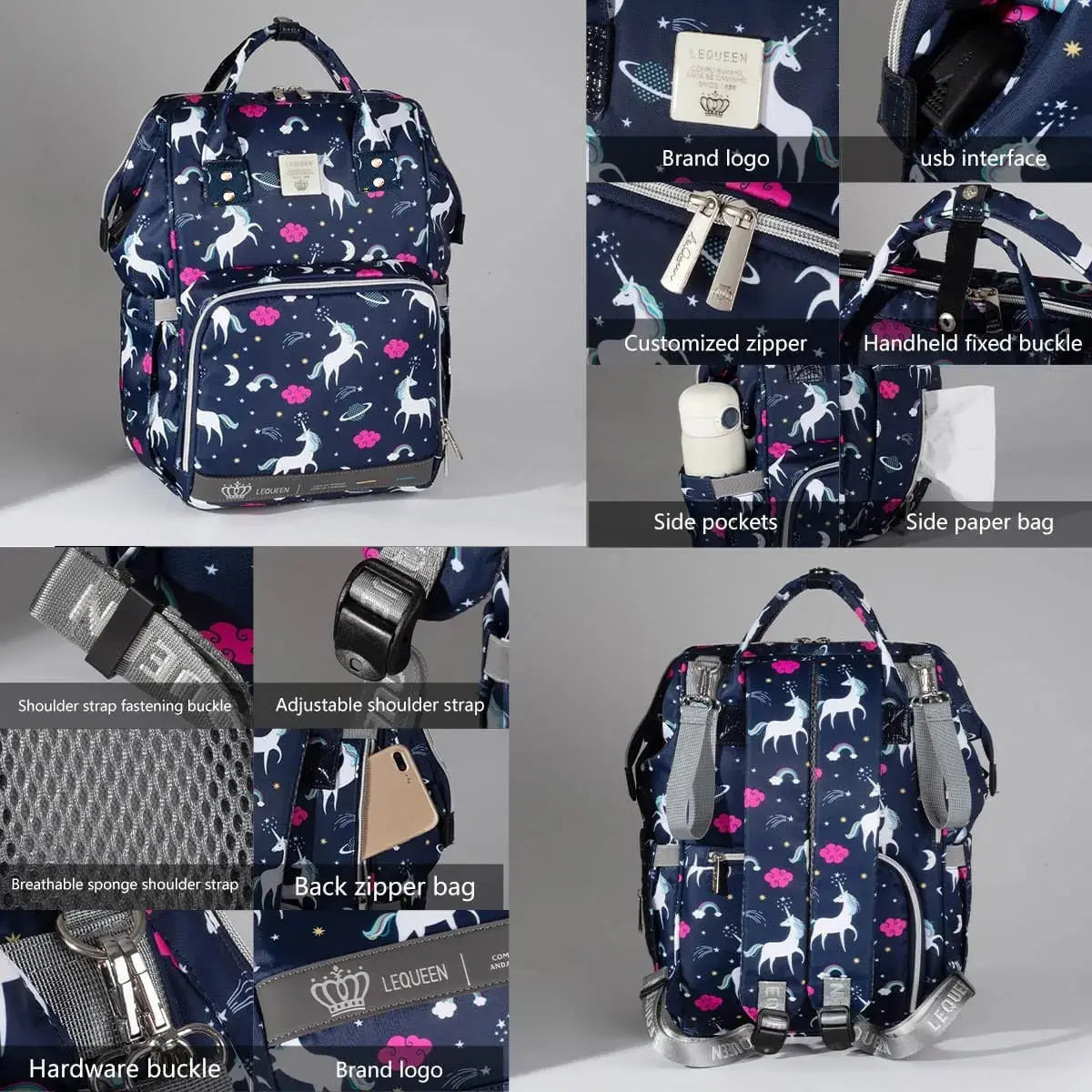 Lequeen Unicorn: Navy unicorn backpack collage showing pockets, straps and insulated front section