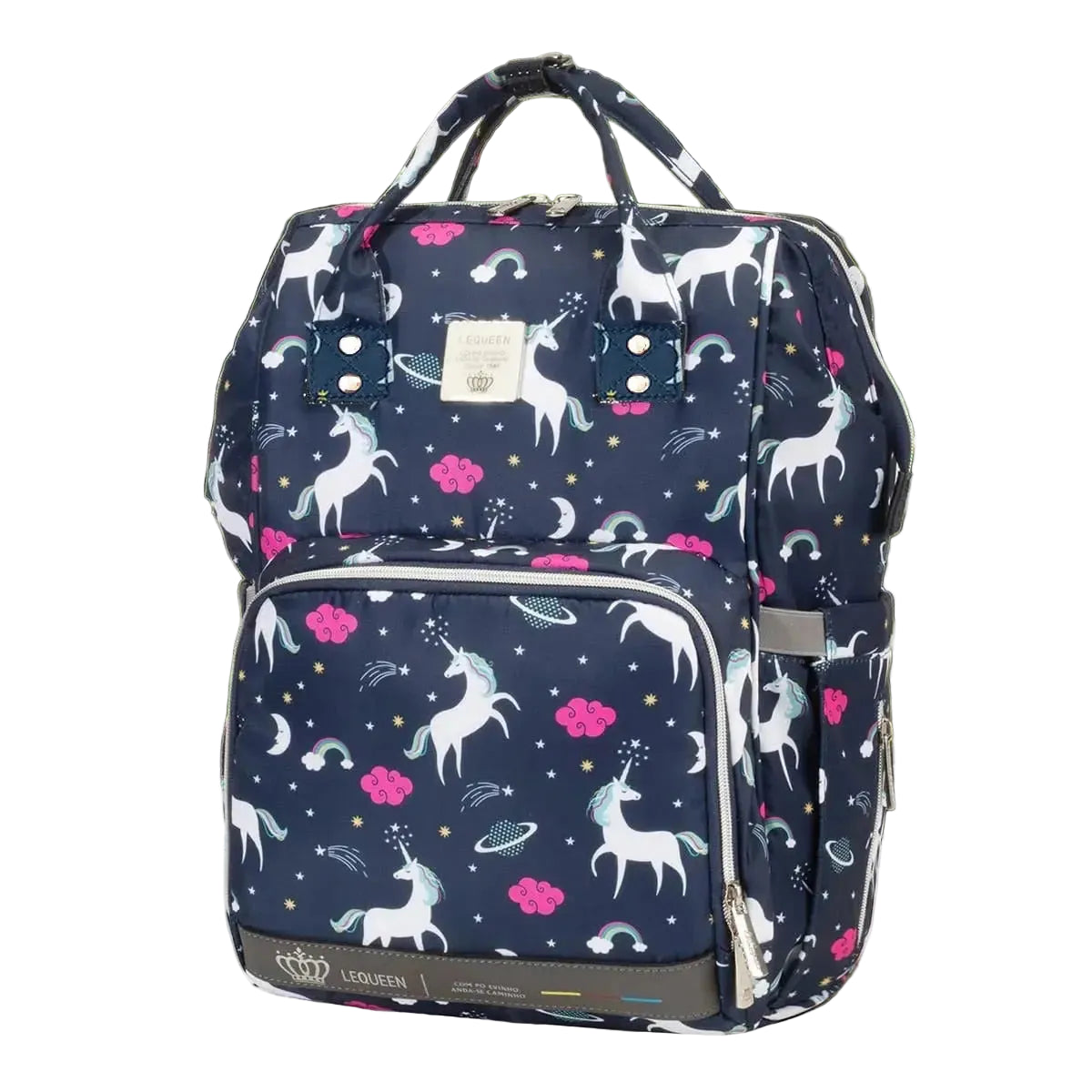 Lequeen Unicorn: Navy unicorn-print diaper backpack, alternate front view