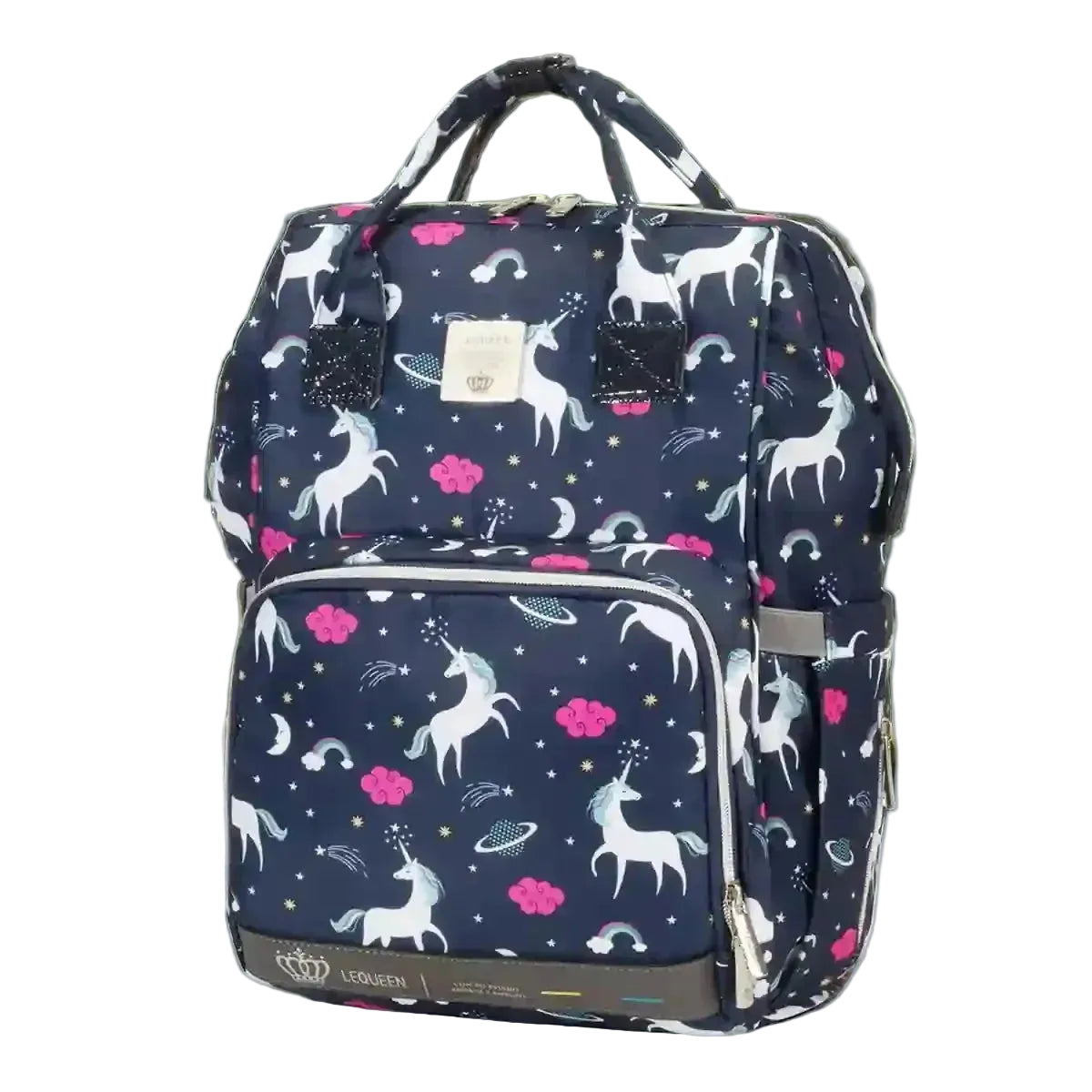 Lequeen Unicorn: Navy unicorn-print diaper backpack with silver-tone zip trim, front view