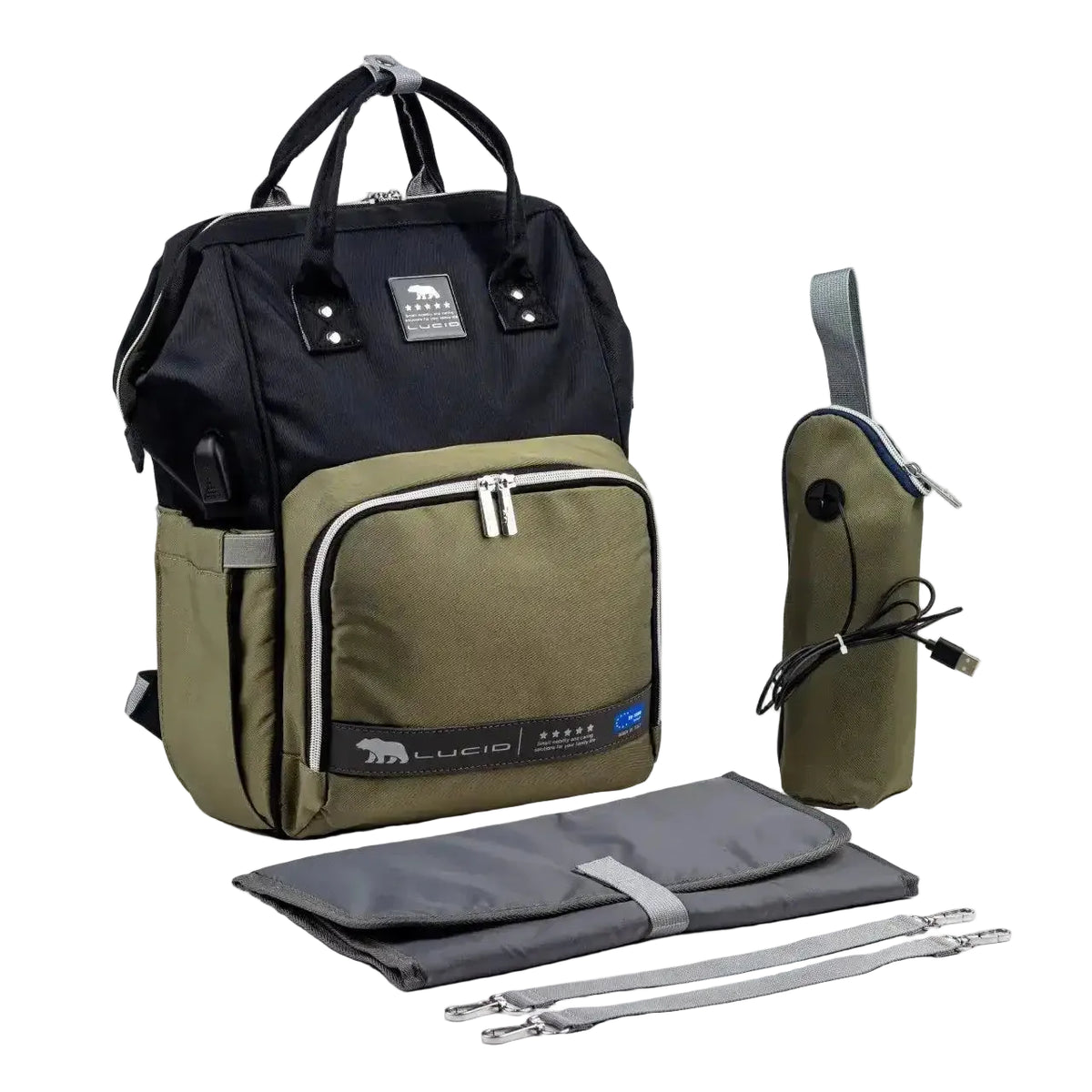Lucid diaper backpack – black-and-olive backpack with matching bottle cover, folded changing mat and straps