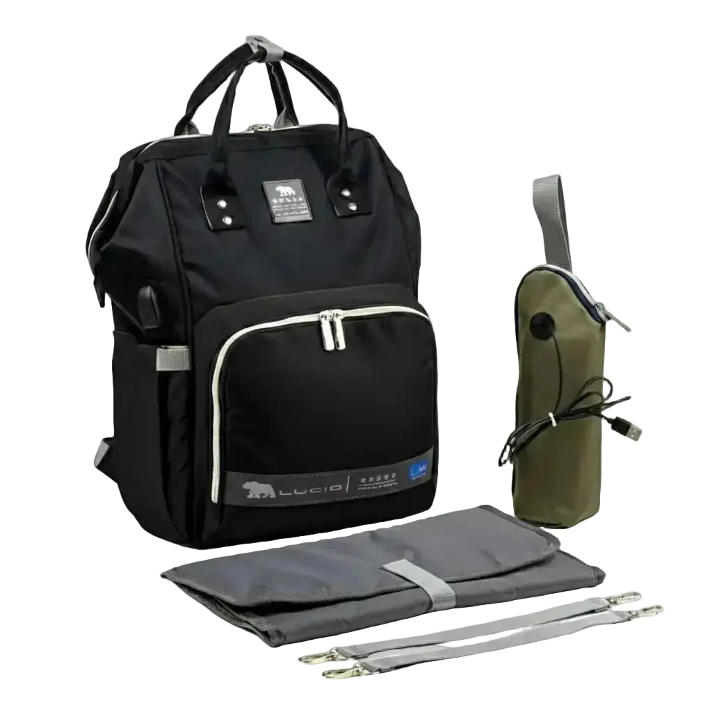 Lucid diaper backpack – black backpack with bottle cover, folded changing mat and stroller straps