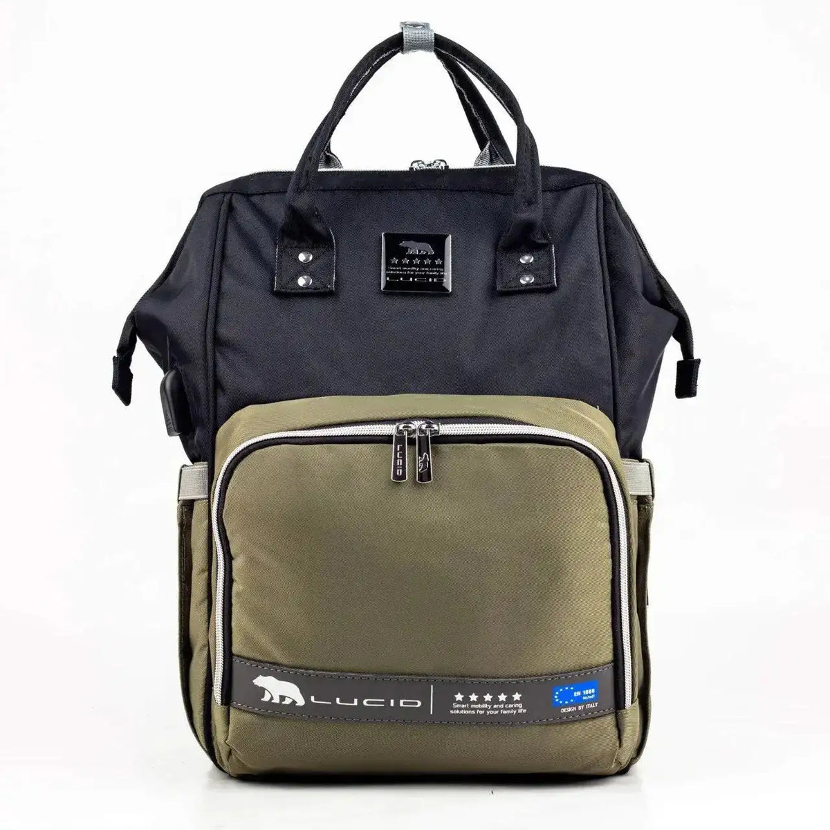 Lucid diaper backpack – front view with black body, large olive pocket and silver zips