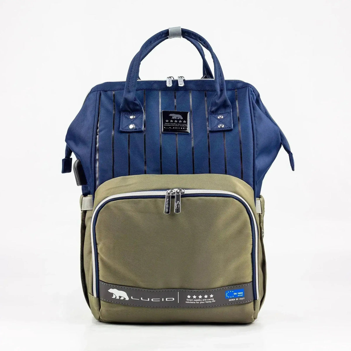 Lucid diaper backpack – front view with navy upper body, olive pocket and silver zips