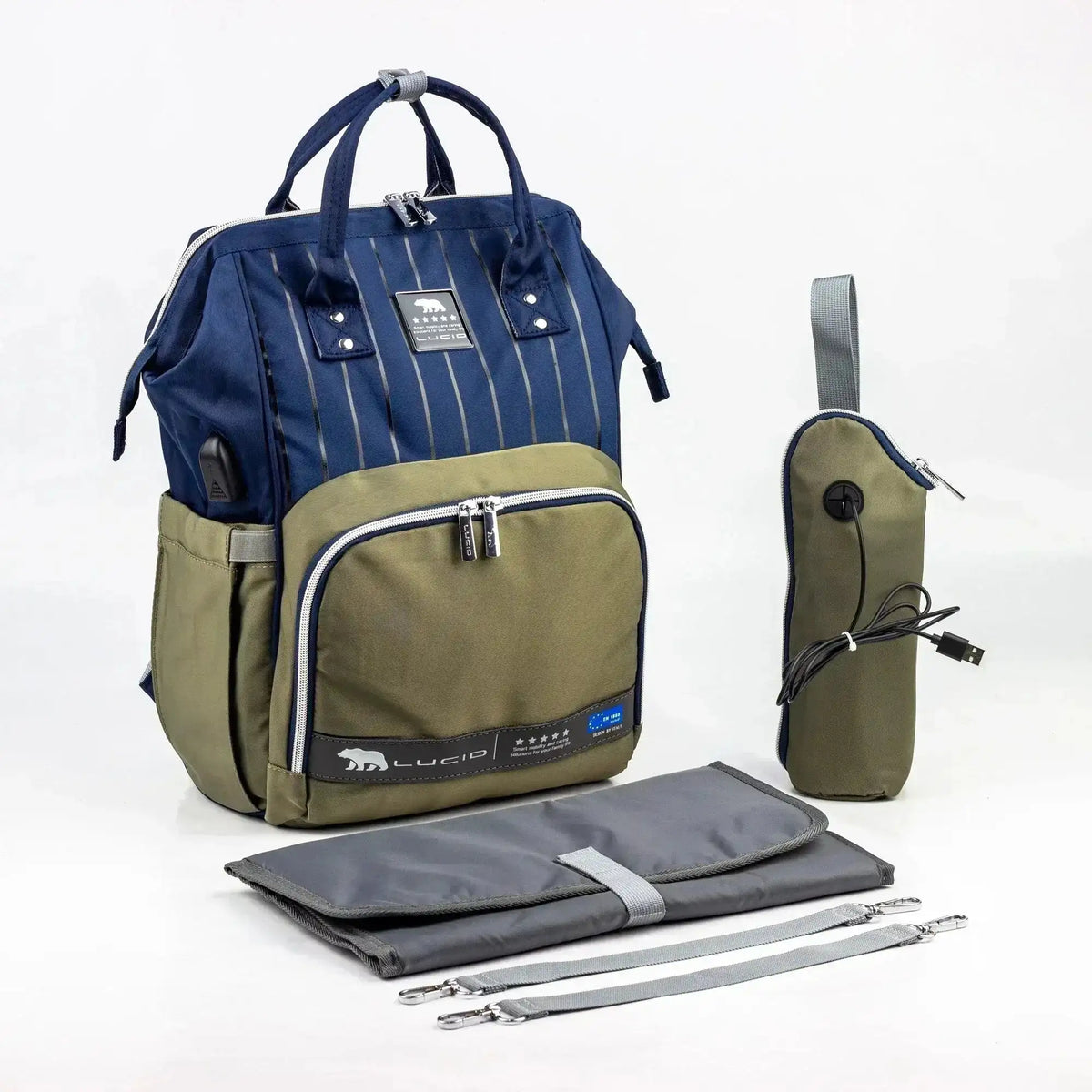 Lucid diaper backpack – navy-and-olive backpack with bottle cover, changing mat and straps on white