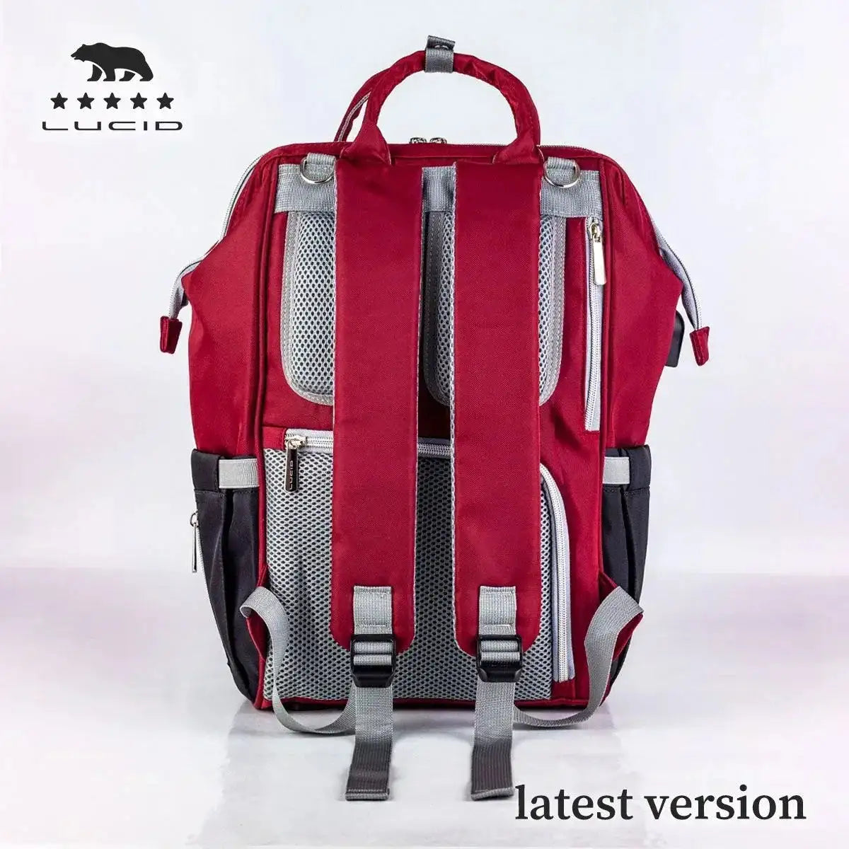 Lucid diaper backpack – rear view of red body with long grey shoulder straps