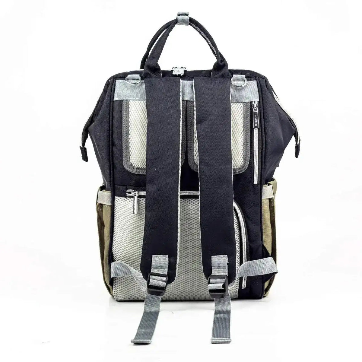 Lucid diaper backpack – rear view with black back panel and grey shoulder straps hanging down