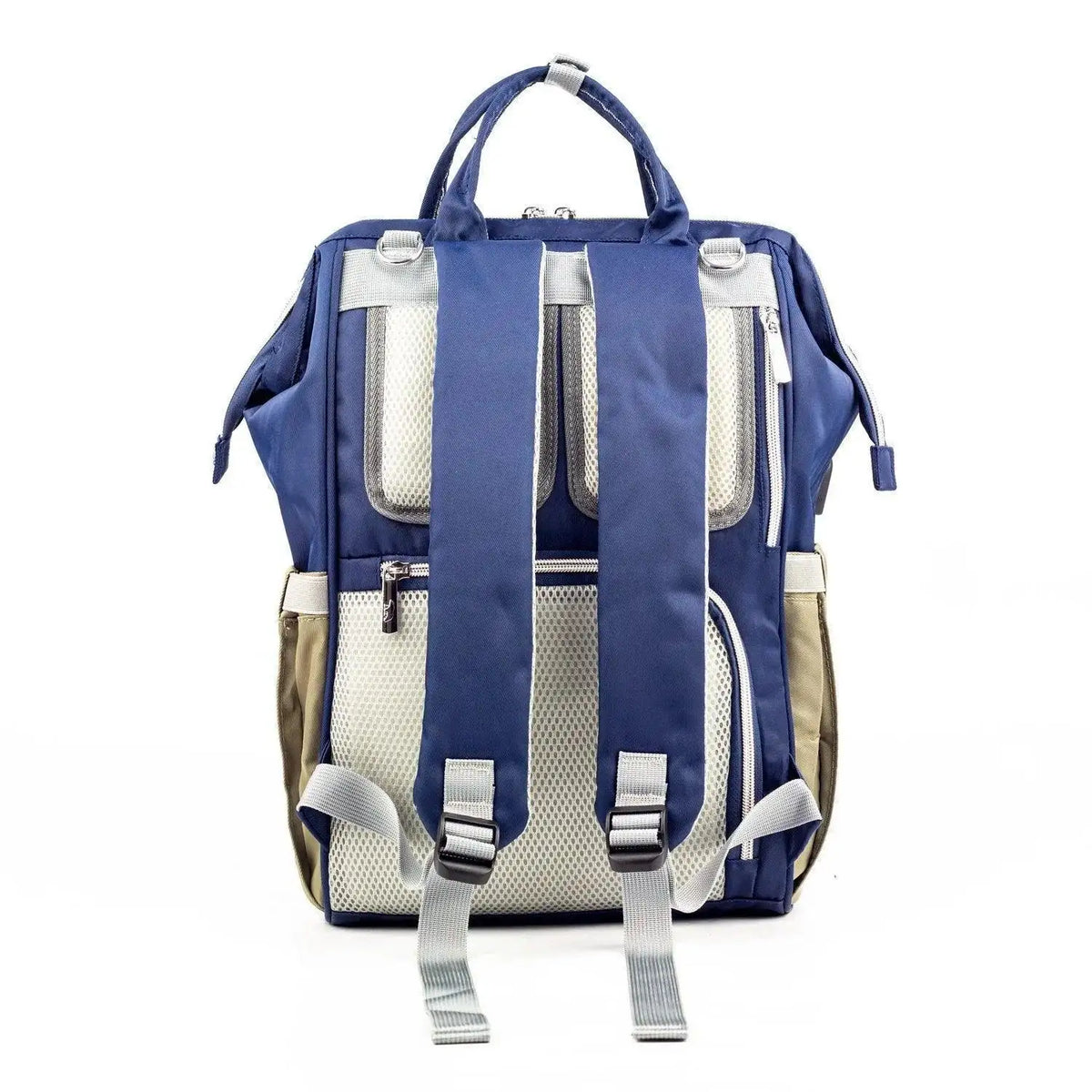 Lucid diaper backpack – rear view with grey padded straps hanging over navy back panel