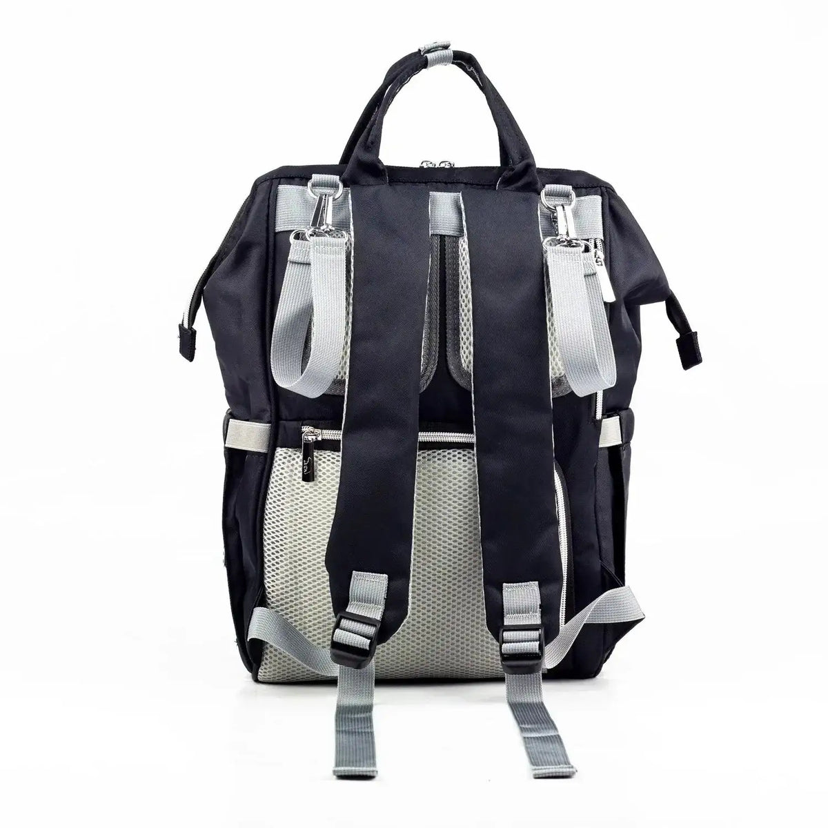 Lucid diaper backpack – rear view with grey shoulder straps hanging down over black back panel