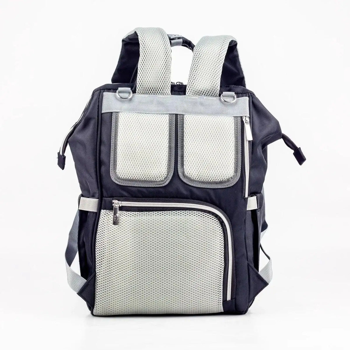Lucid diaper backpack – rear view with lifted grey straps exposing mesh back padding