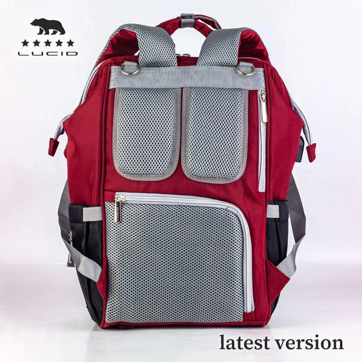 Lucid diaper backpack – rear view with straps lifted to reveal grey mesh panels
