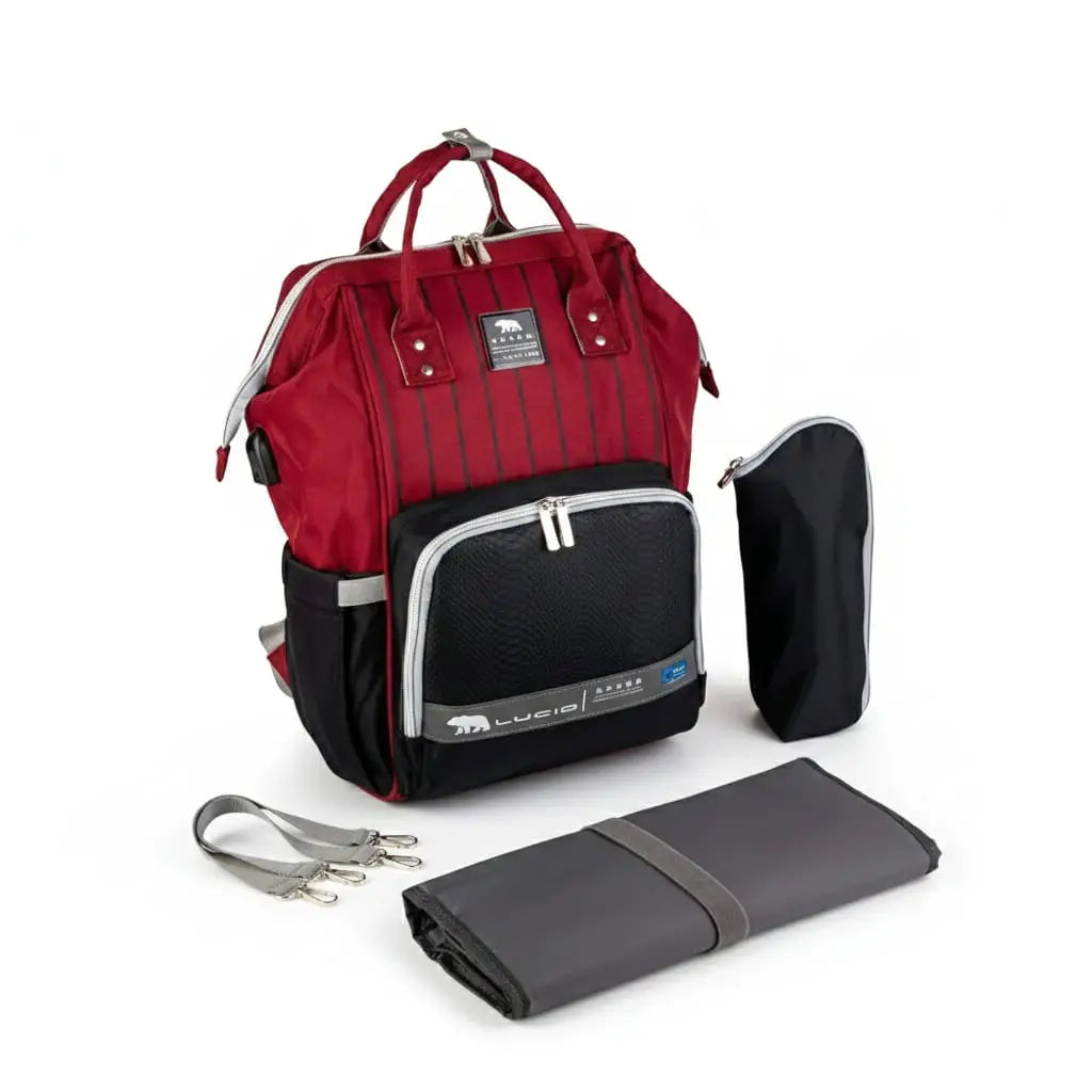 Lucid diaper backpack – red-and-black backpack with matching bottle cover, mat and straps