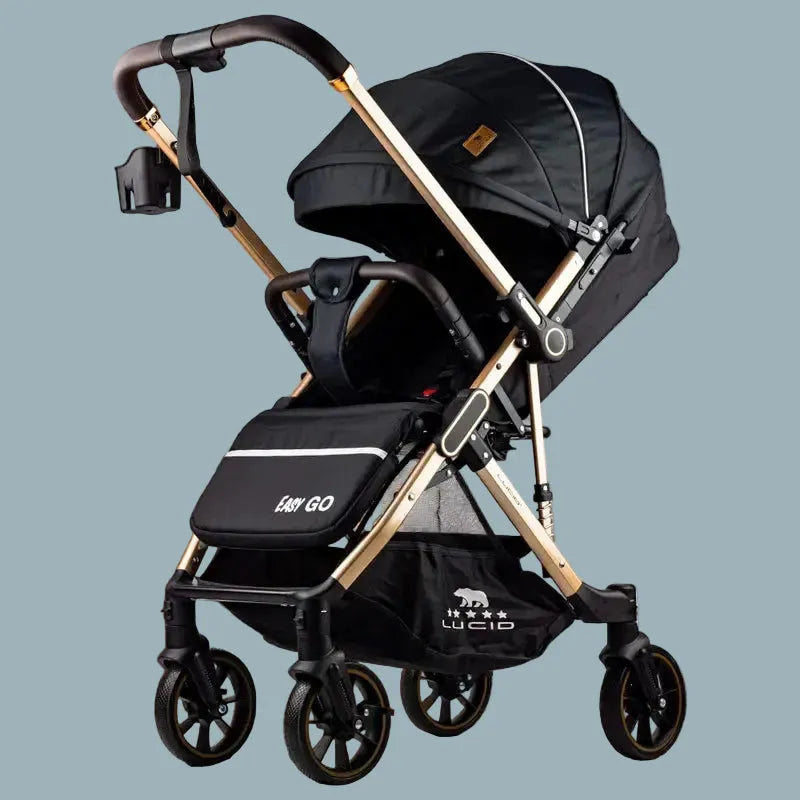 Lucid Easy Go LC2: Black stroller with gold-tone frame, canopy and leg cover, angled view