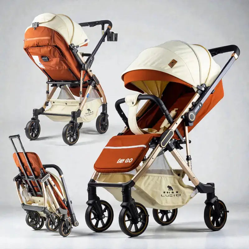 Lucid Easy Go LC2: Orange and cream stroller collage with open, reverse and folded views
