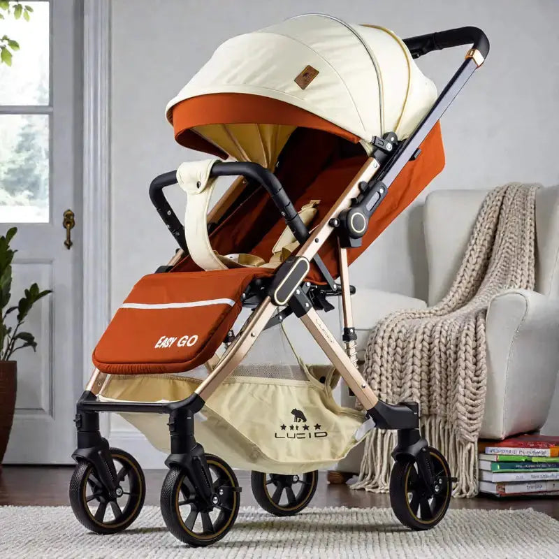 Lucid Easy Go LC2: Orange and cream stroller with canopy extended shown indoors
