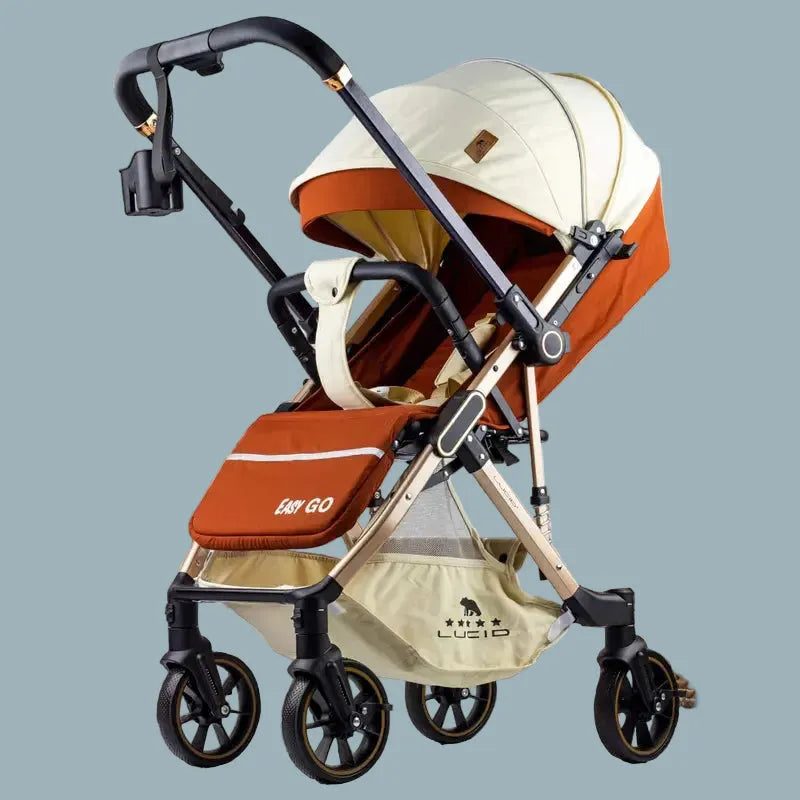 Lucid Easy Go LC2: Orange and cream stroller with gold-tone frame, angled front view