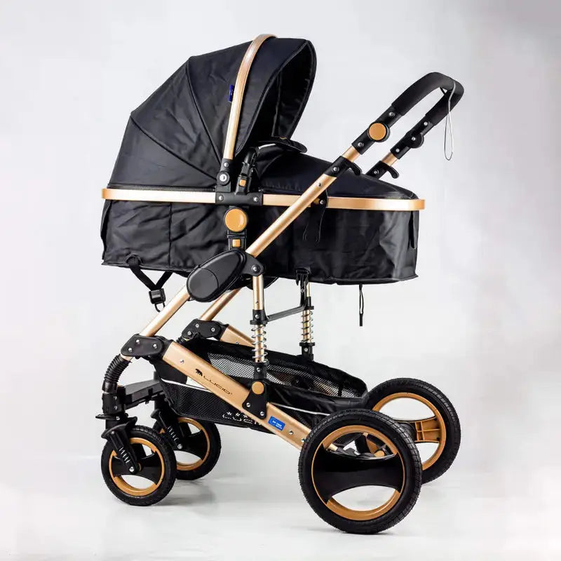 Lucid SENA PLUS LC3: Black carriage stroller showing extended canopy from the side