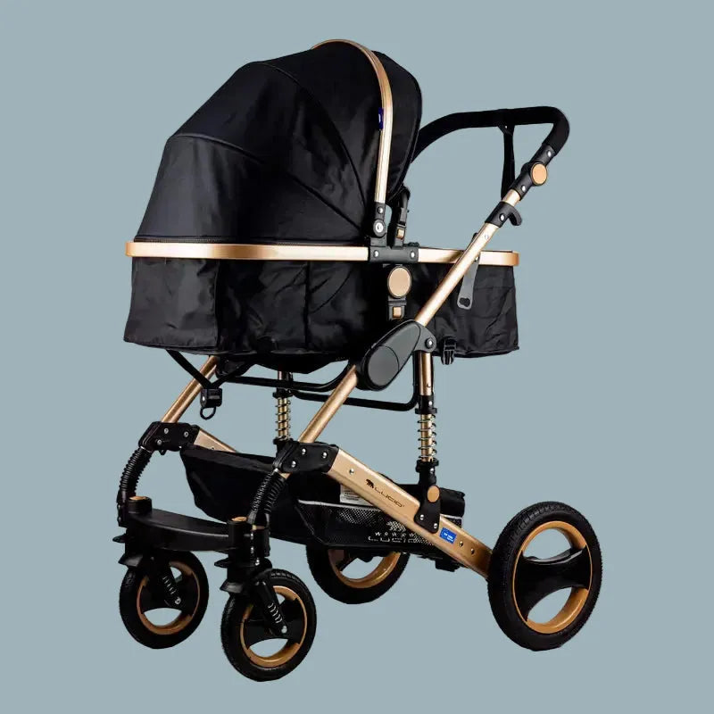Lucid SENA PLUS LC3: Black carriage stroller with gold-tone frame and large wheels, front angle