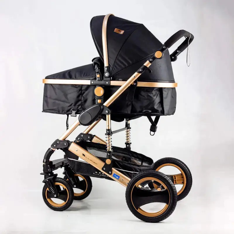 Lucid SENA PLUS LC3: Black carriage stroller with handle raised, side view