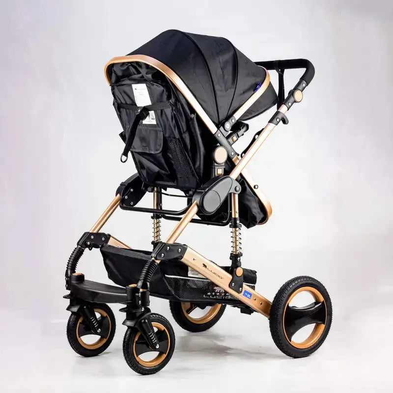 Lucid SENA PLUS LC3: Black stroller from the rear showing seat back and wheel springs