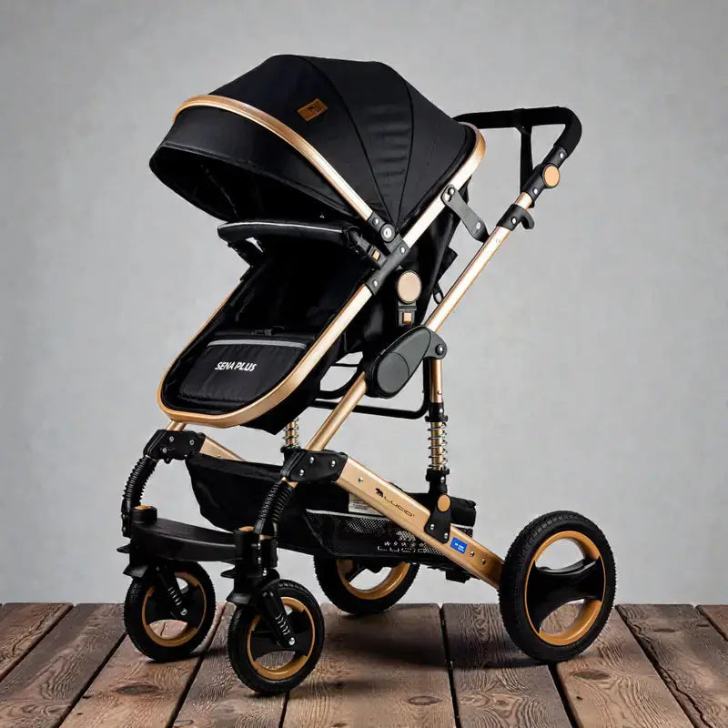 Lucid SENA PLUS LC3: Black stroller in seated configuration with front cover, angled view