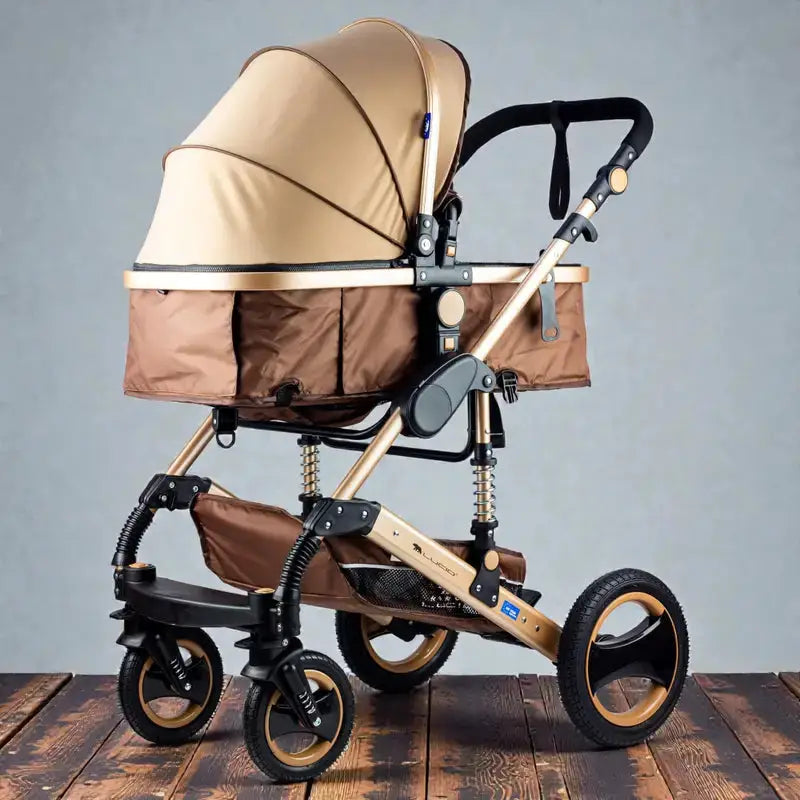 Lucid SENA PLUS LC3: Brown carriage stroller facing forward with beige canopy