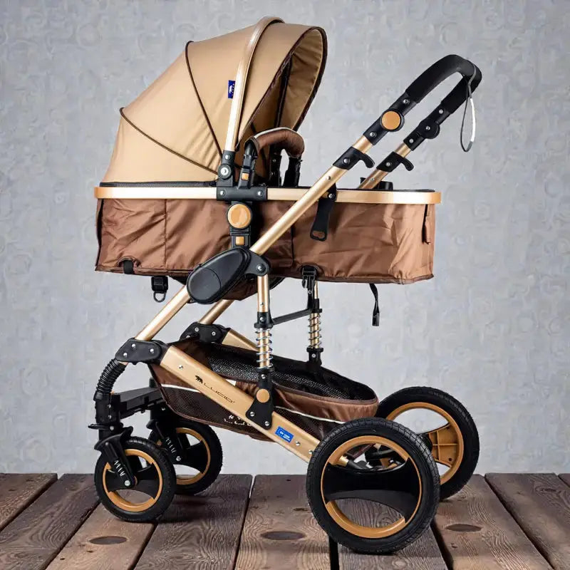 Lucid SENA PLUS LC3: Brown carriage stroller with beige canopy, alternate side view