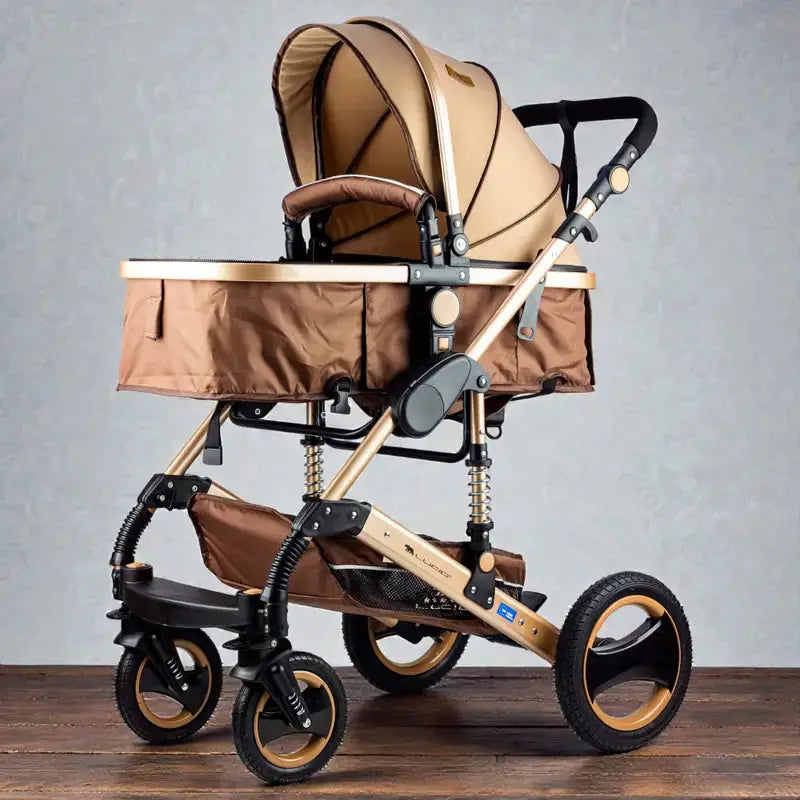 Lucid SENA PLUS LC3: Brown carriage stroller with front tray and raised handle