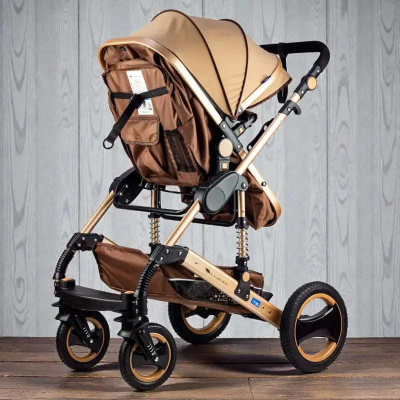 Lucid SENA PLUS LC3: Brown stroller from the rear showing seat back and lower basket
