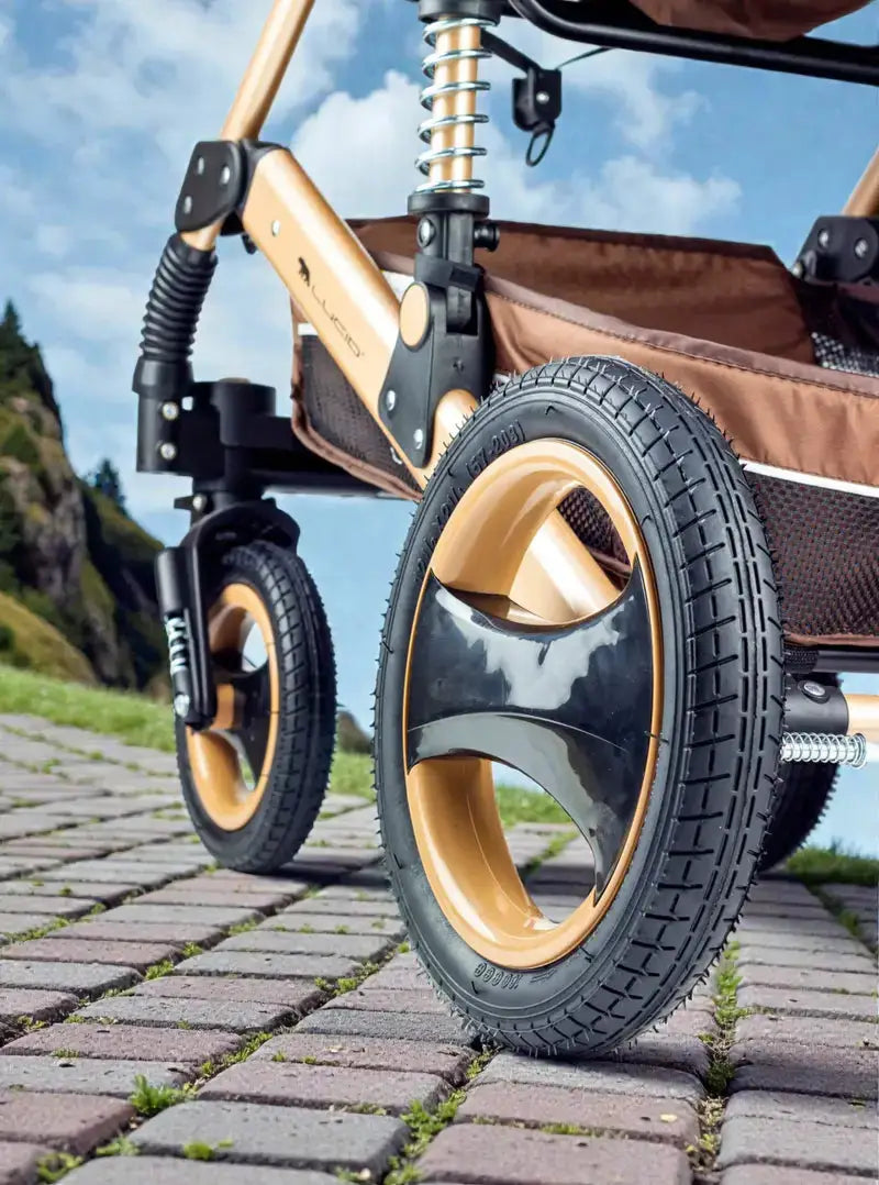 Lucid SENA PLUS LC3: Close-up of rear wheel and exposed spring suspension outdoors