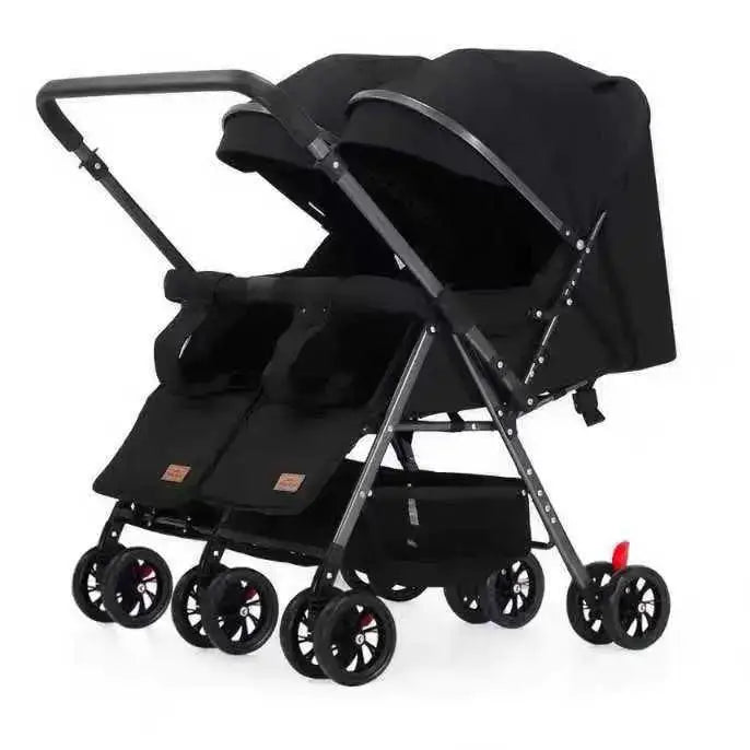 Lucid SWIVEL LC6: Black twin stroller with two seats and canopies, angled front view