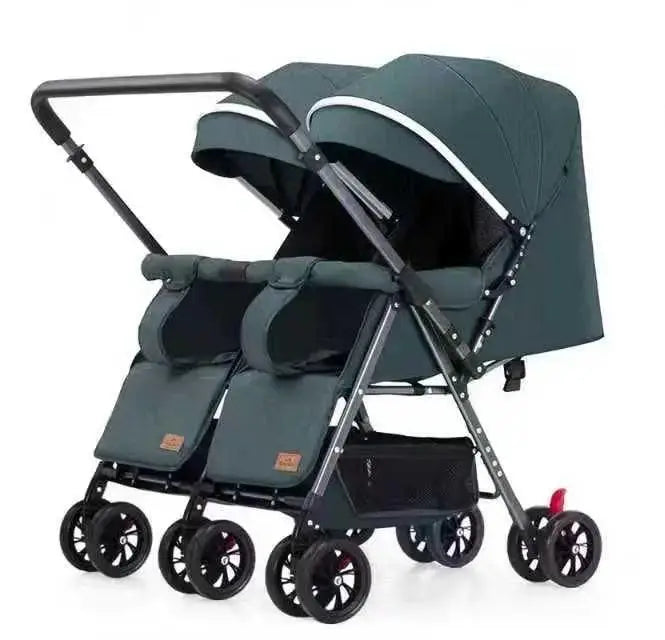 Lucid SWIVEL LC6: Green twin stroller with two seats and canopies, angled front view