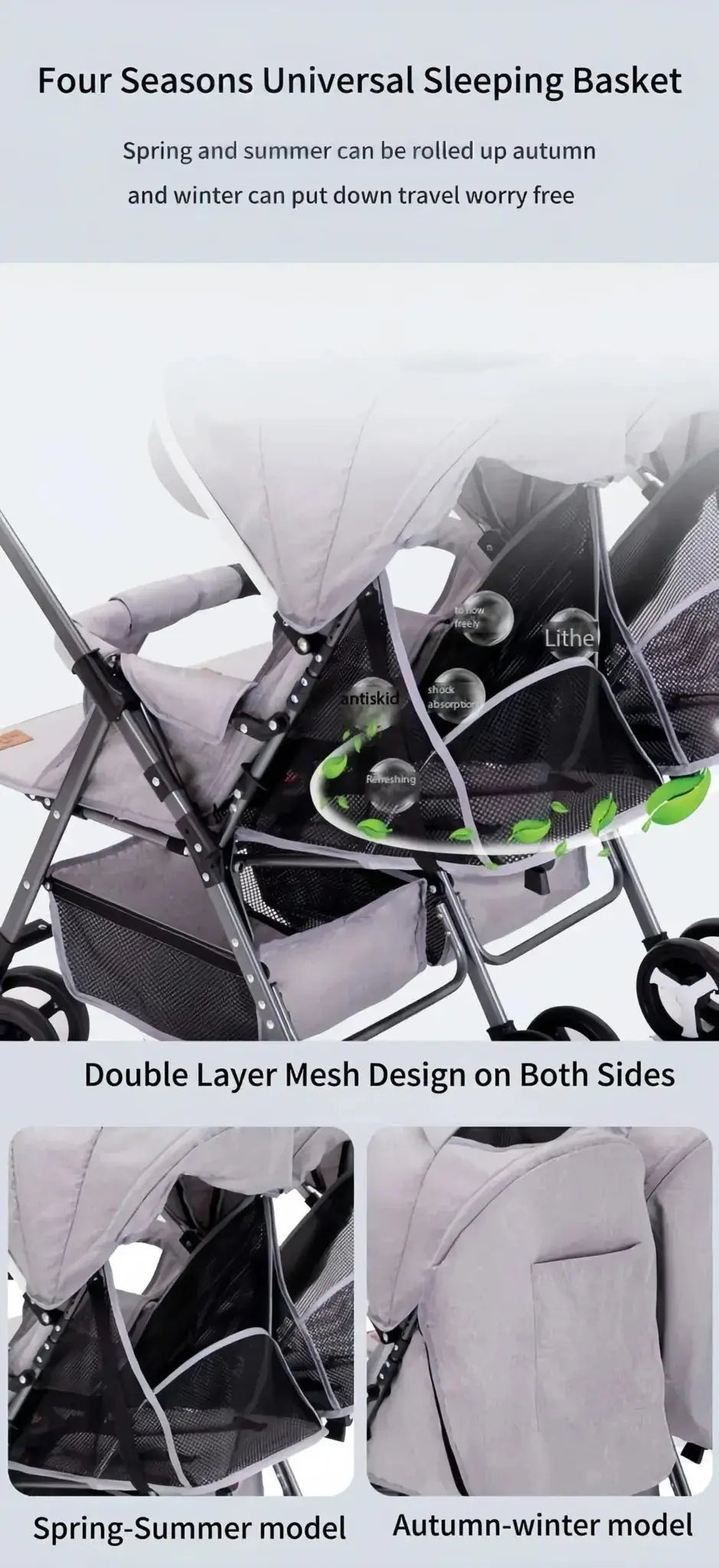 Lucid SWIVEL LC6: Grey twin stroller collage showing mesh side panels and seat covers