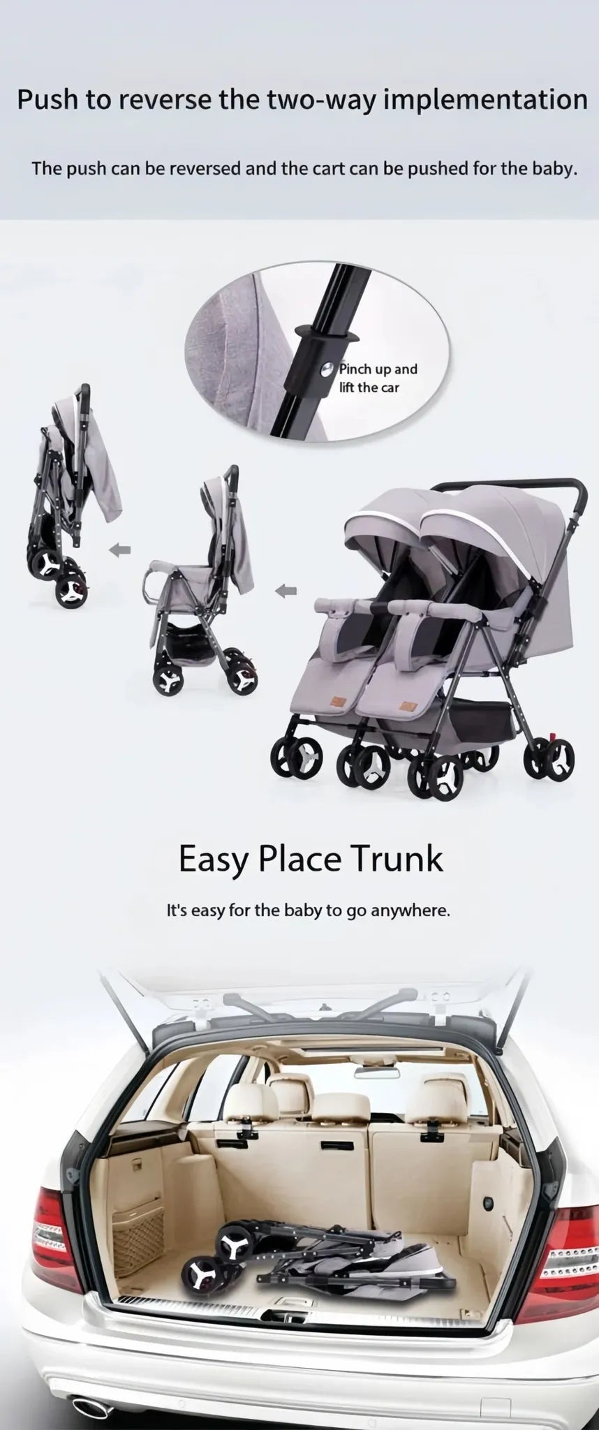 Lucid SWIVEL LC6: Grey twin stroller folding and reversible-handle demonstration collage