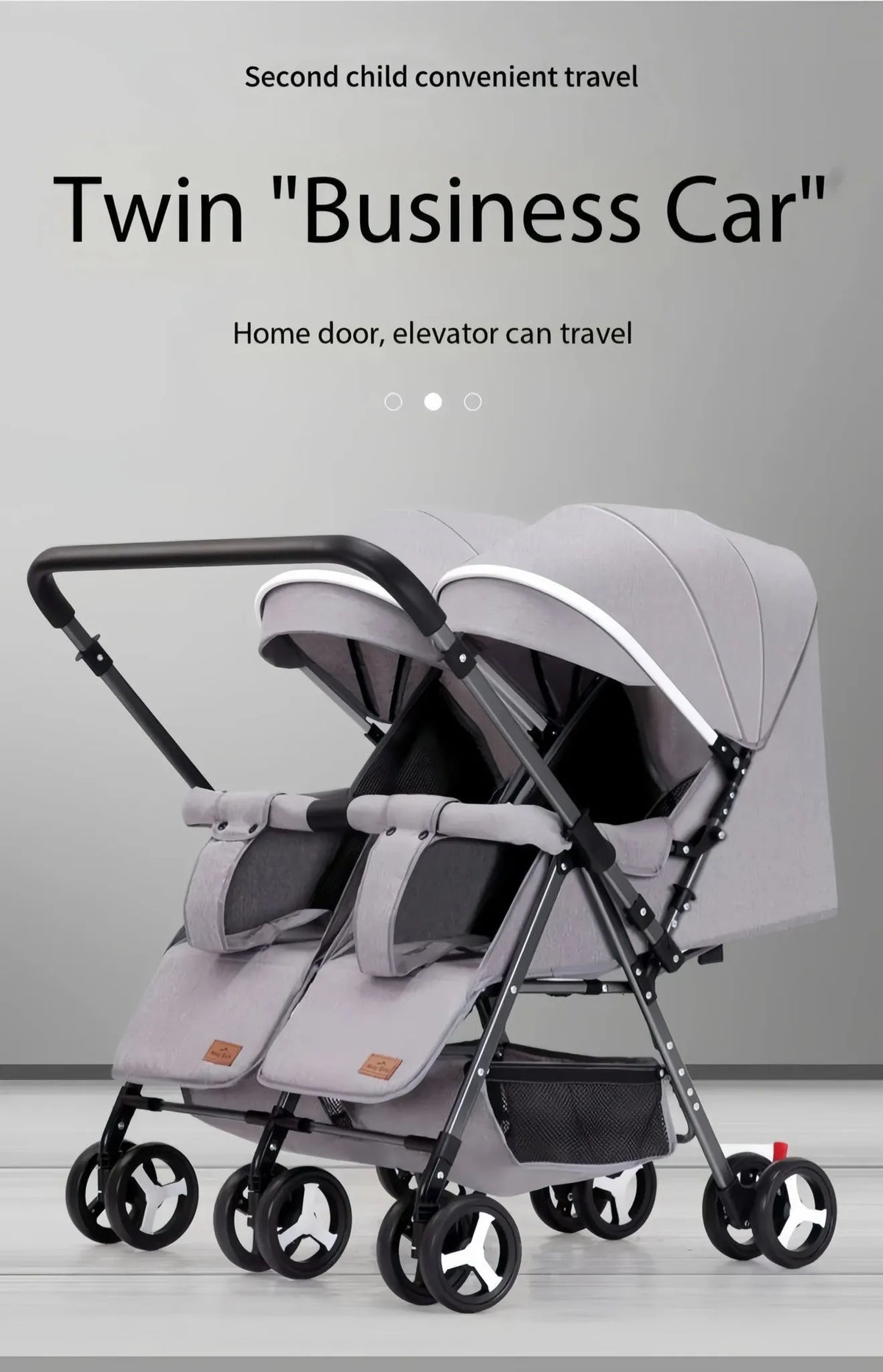 Lucid SWIVEL LC6: Grey twin stroller with both canopies extended, side angle
