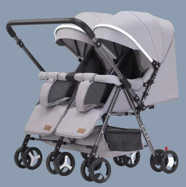 Lucid SWIVEL LC6: Grey twin stroller with two canopies, angled front view
