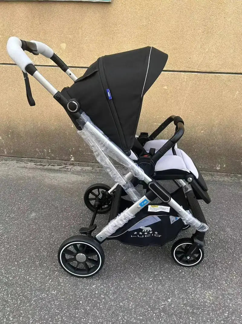 Lucid VIOLA LC8: Black stroller showing side profile and lower basket