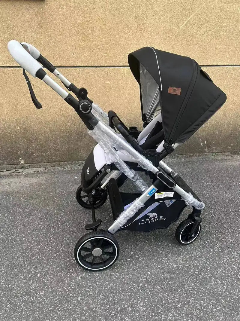 Lucid VIOLA LC8: Black stroller with canopy and front bar, reverse side view