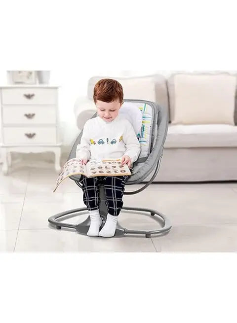Mastela 3-in-1: child seated upright in grey chair configuration with a book.
