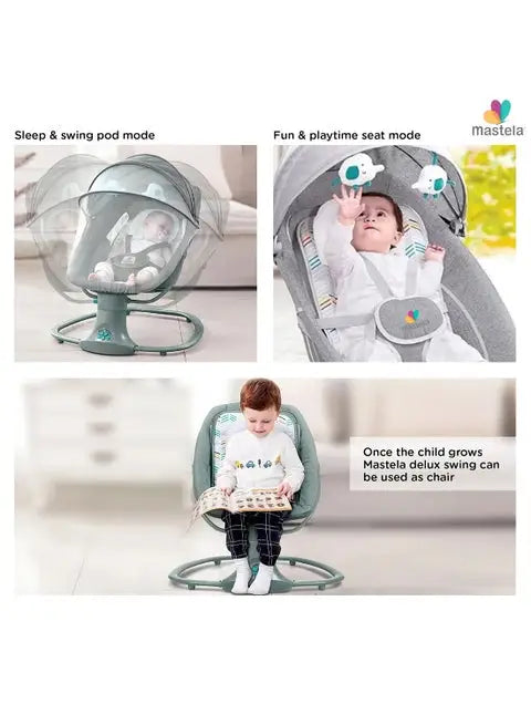 Mastela 3-in-1: collage showing grey swing and upright chair configurations with children.