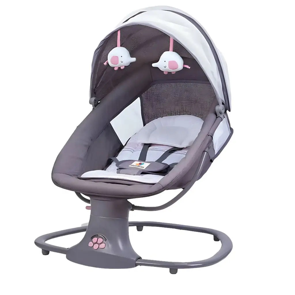 Mastela 3-in-1: dark grey swing with pink hanging toys, white insert and oval base.