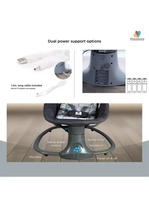 Mastela 3-in-1: graphic showing USB cable, battery compartment and labelled control panel.