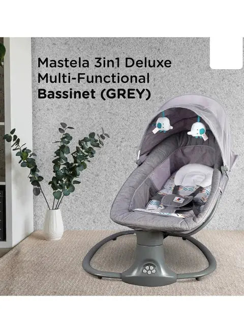 Mastela 3-in-1: grey swing against a room backdrop with Mastela 3-in-1 heading.