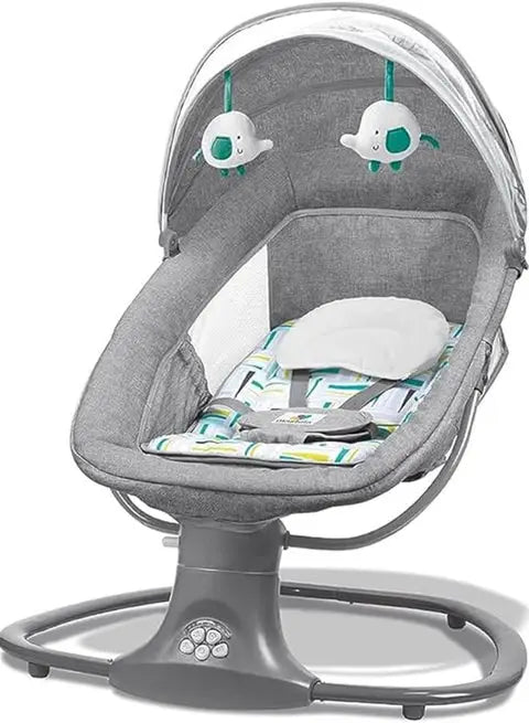 Mastela 3-in-1: grey swing front angle with green-trimmed toys and mesh net.