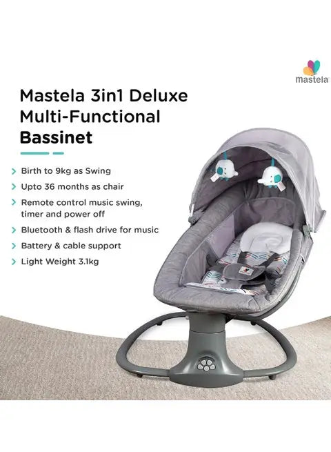 Mastela 3-in-1: grey swing product graphic with printed feature list and patterned liner.