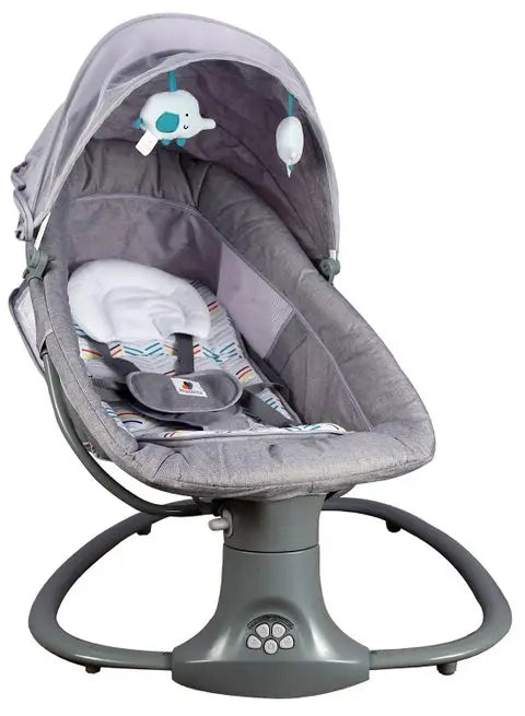 Mastela 3-in-1: grey swing three-quarter view with white insert, harness and raised net.