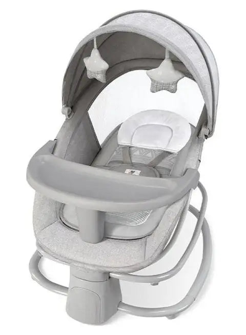 Mastela 4-in-1: grey swing front angle with star toys, white insert and grey tray.