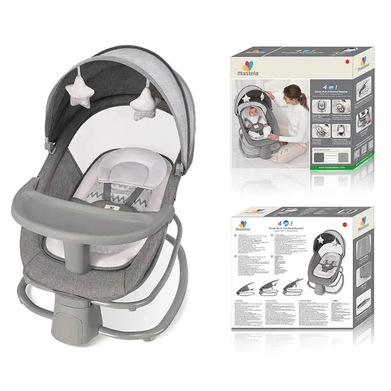 Mastela 4-in-1: grey swing with canopy, star toys and tray, beside Mastela packaging.